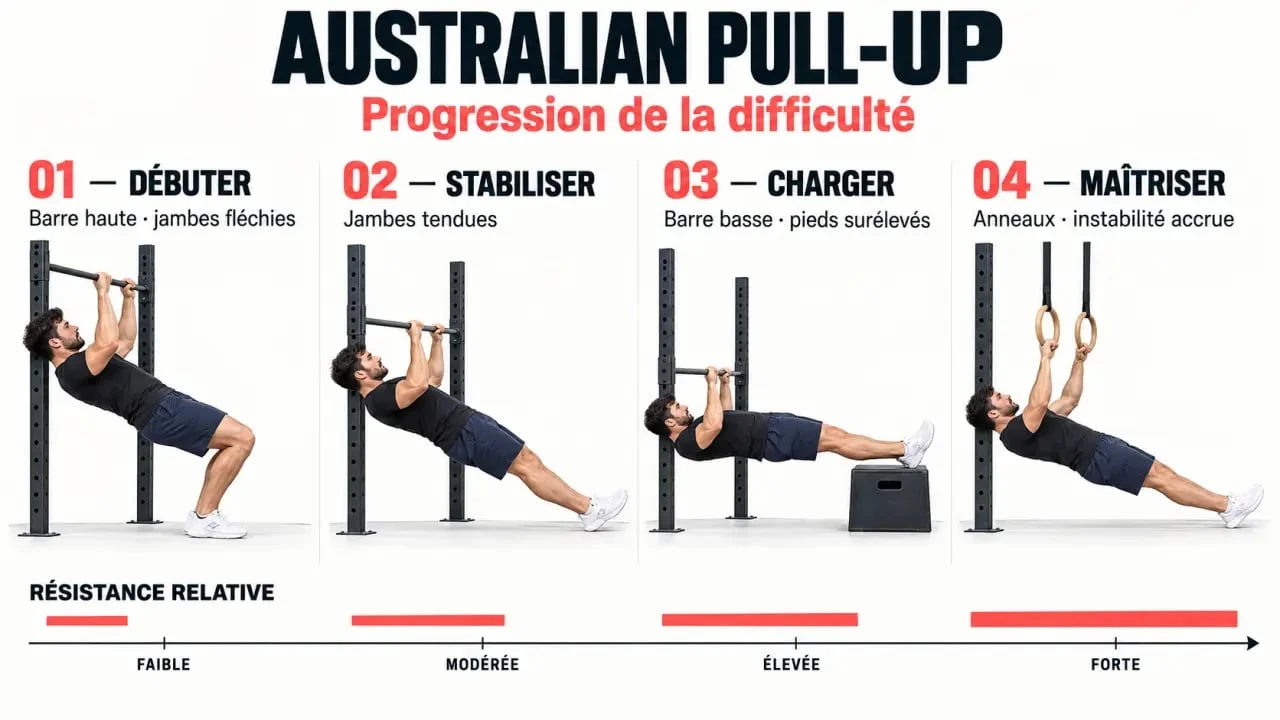 Infographie des niveaux de difficulté de l’Australian pull-up