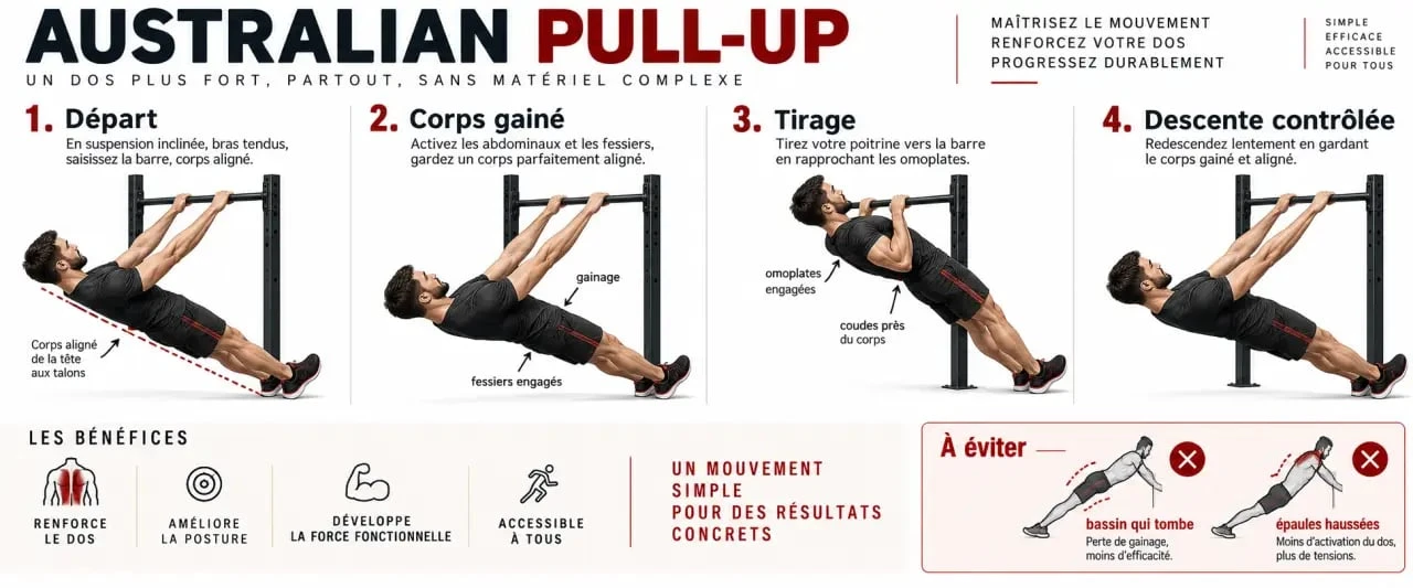 Illustration des étapes et de la technique de l’Australian pull-up