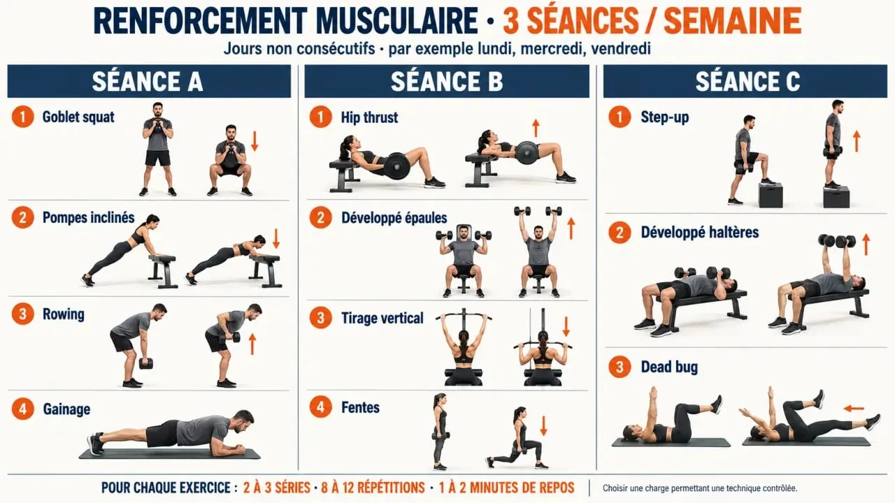 Infographie d’un programme de renforcement musculaire en trois séances