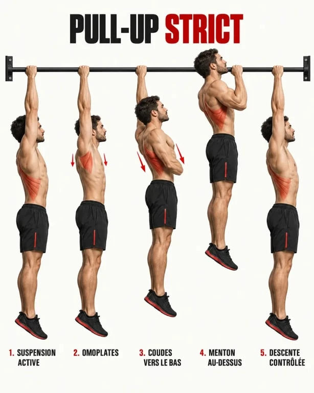 Étapes d'exécution des pull ups musculation en traction stricte