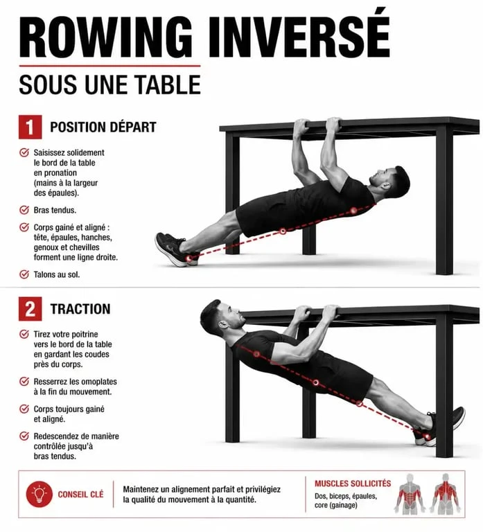 Illustration technique du rowing inversé pour exercice biceps sans matériel