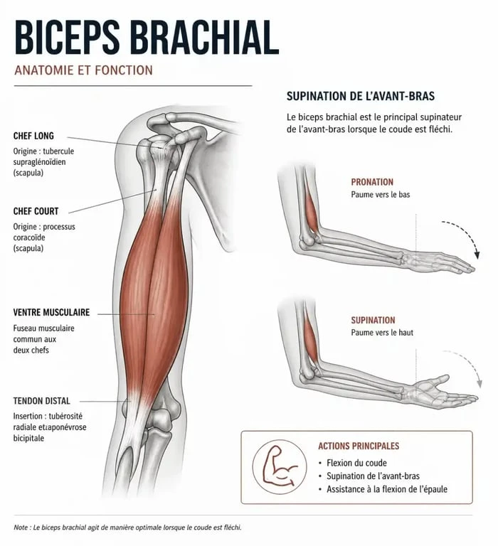 Schéma anatomique du biceps brachial pour exercice biceps sans matériel