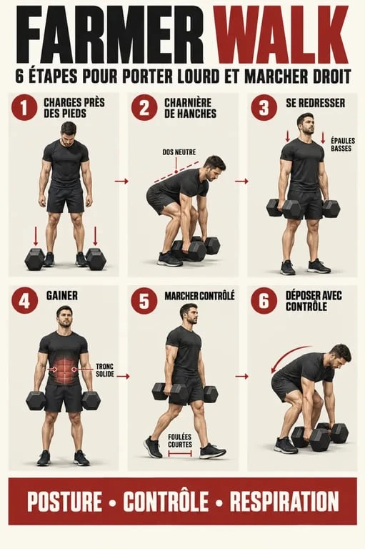 Illustration des étapes de réalisation du farmer walk avec une posture correcte