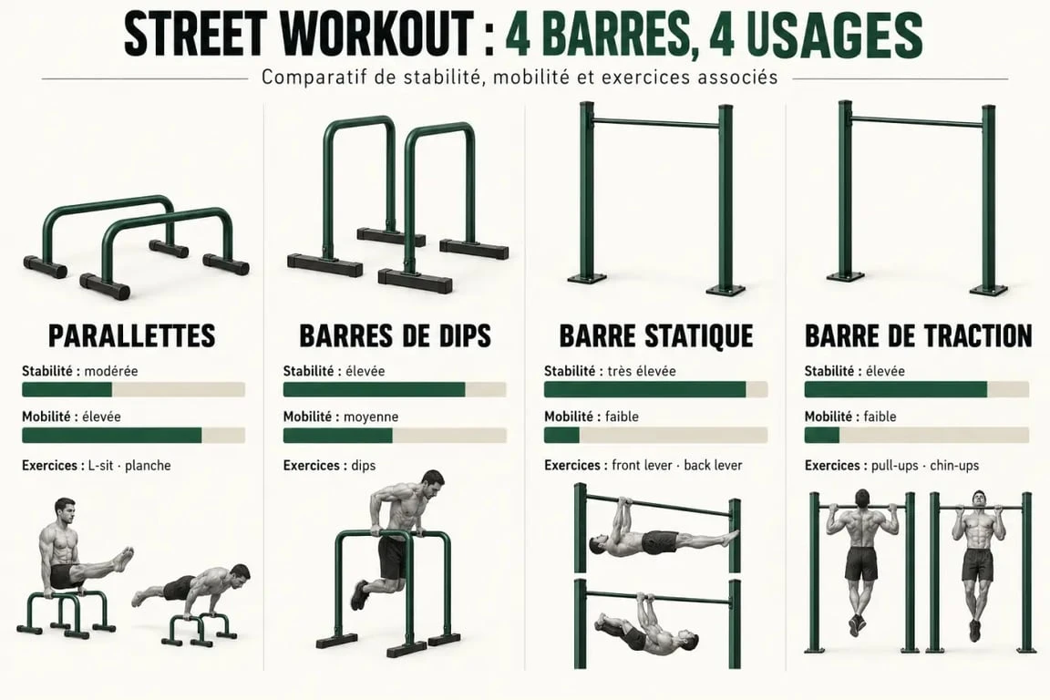 Infographie comparative des street workout bars : parallettes, barres de dips, barre statique et barre de traction