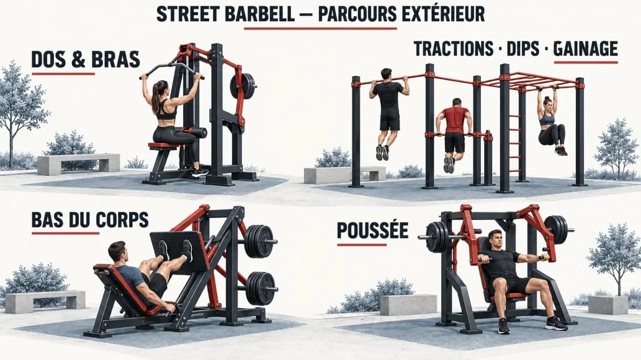 Espace street barbell extérieur avec presse à jambes, tirage, chest press et multistation