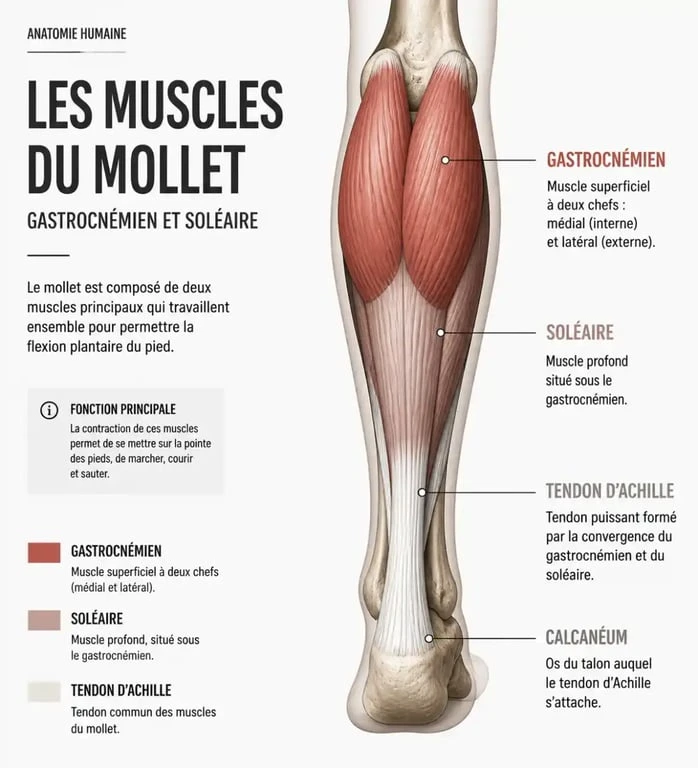 Anatomie du mollet montrant les muscles ciblés par les exercices pour mollets
