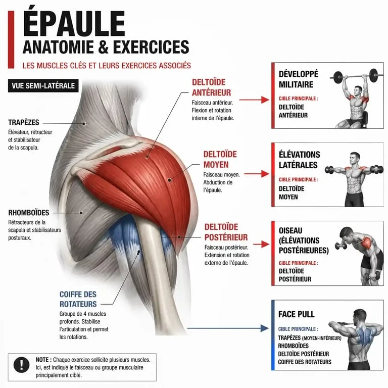 Exo epaule : schéma anatomique des faisceaux deltoïdiens et des muscles stabilisateurs avec exercices associés
