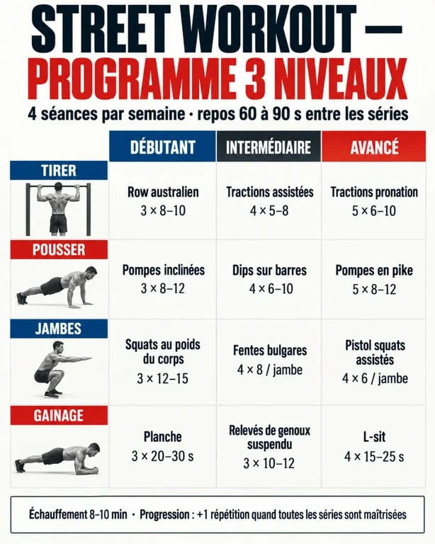 Infographie d’un programme street workout débutant et intermédiaire avec exercices, séries et temps de repos
