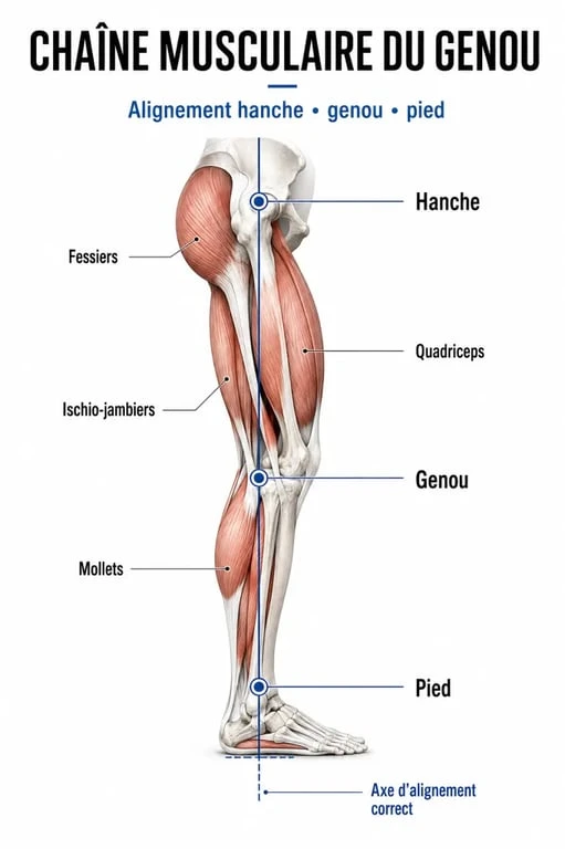 Renfo genoux : schéma de la chaîne musculaire de la hanche au pied