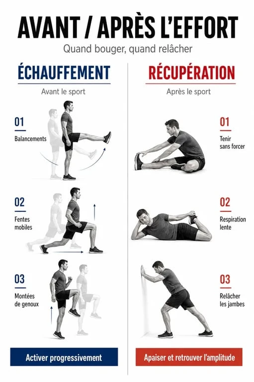 Comparaison avant et après pour l’étirement des jambes avec dynamique avant le sport et statique après l’effort