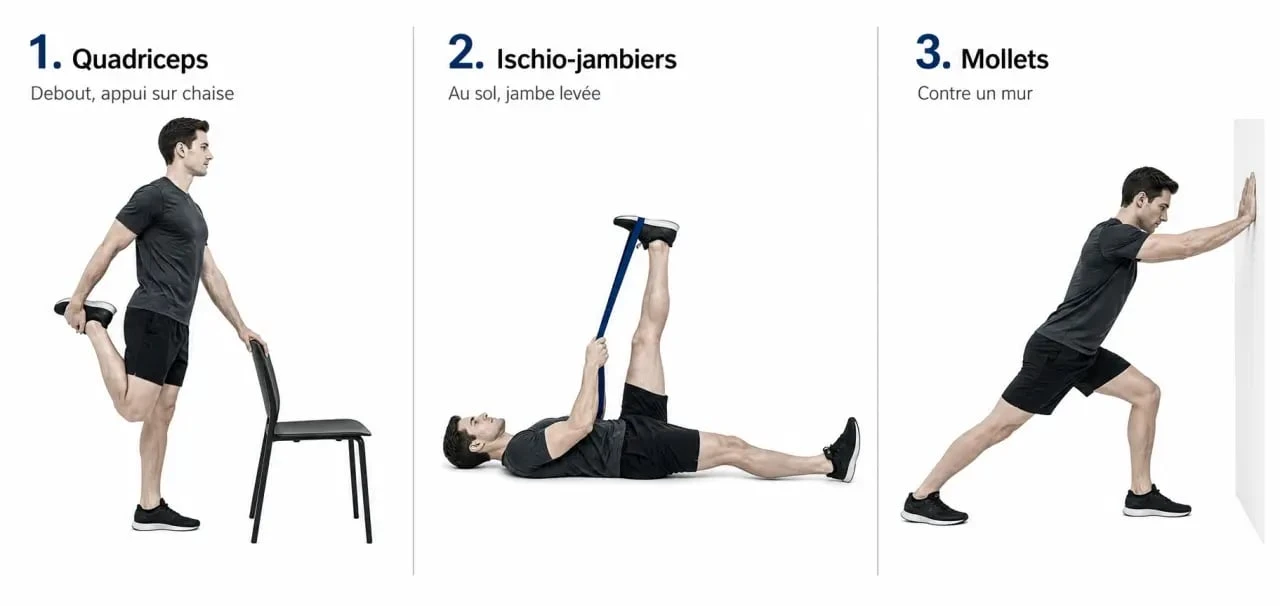 Étirement des jambes en trois étapes pour les quadriceps, les ischio-jambiers et les mollets