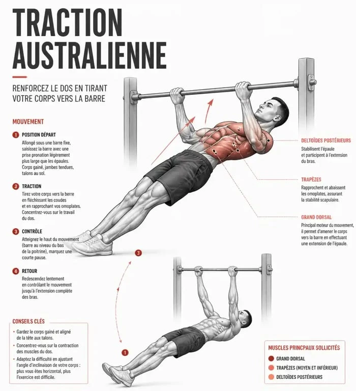 Schéma anatomique des muscles sollicités lors d'une traction australienne