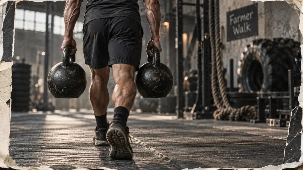 Farmer walk : athlète avec kettlebells pour grip et gainage
