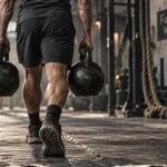 Farmer walk : athlète avec kettlebells pour grip et gainage