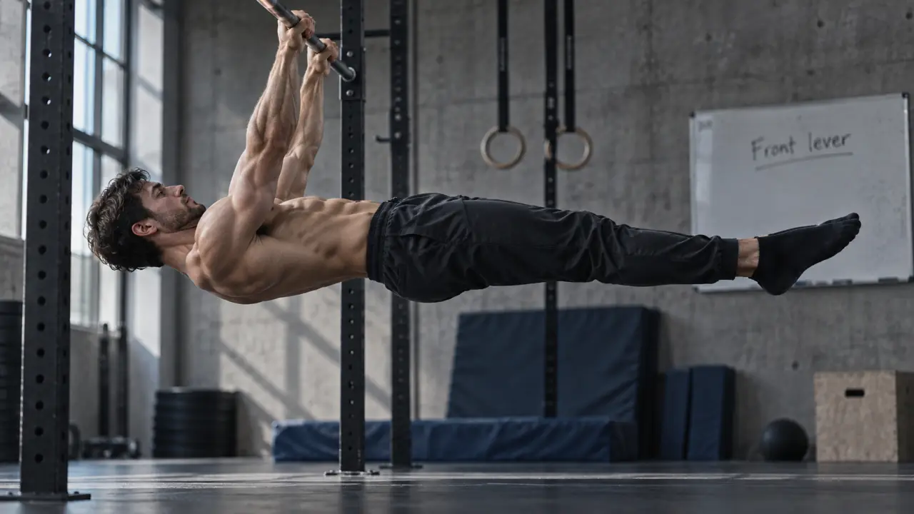 Front lever en gainage, corps aligné sur barre