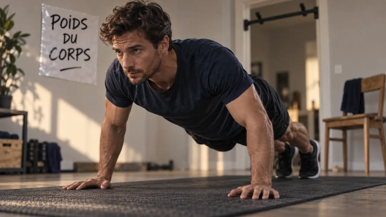 Musculation au poids du corps : homme en pompe au sol