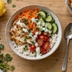 Plat sportif de récupération après effort : riz et poulet, sauce yaourt