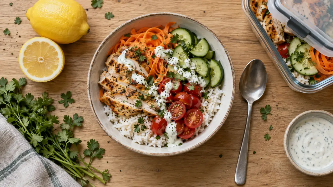 Plat sportif de récupération après effort : riz et poulet, sauce yaourt