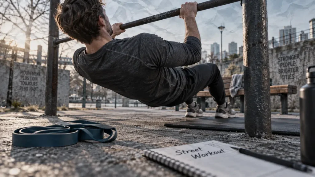 Programme street workout : traction australienne en parc urbain