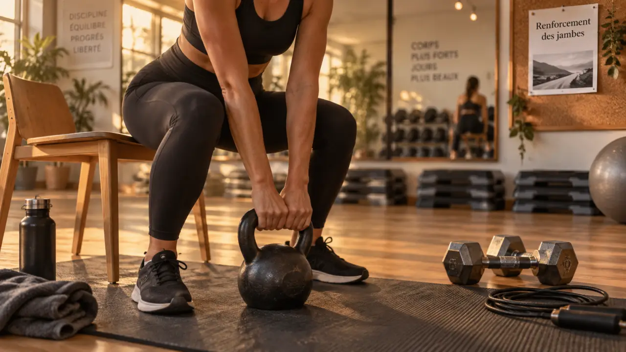 Renforcement musculaire jambes : squat kettlebell, genoux alignés