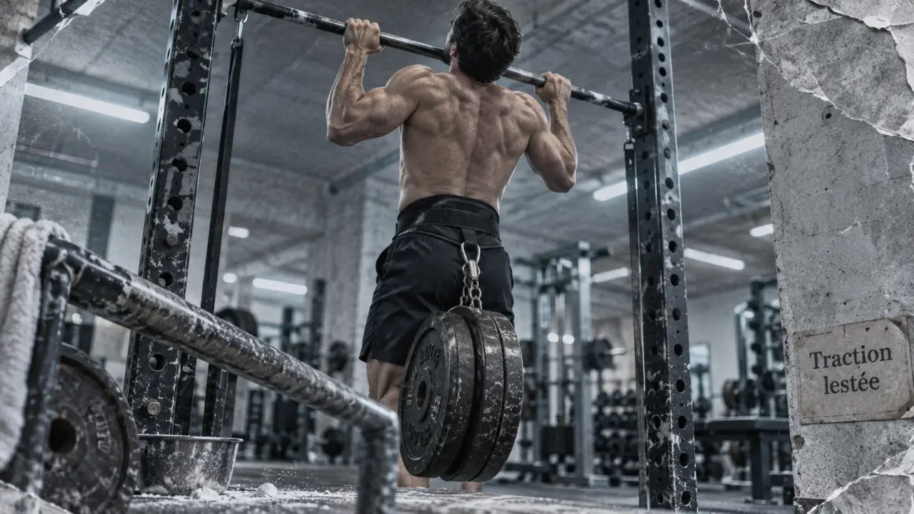 Traction leste en salle de sport, athlète en traction lestée