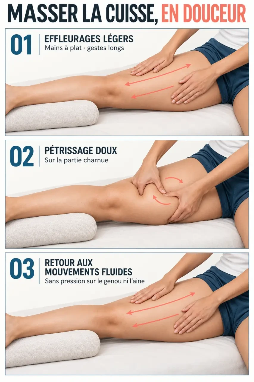Illustration des étapes pour masser muscle de la cuisse avec des gestes doux