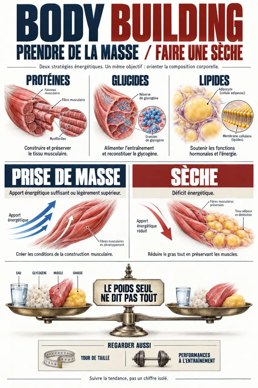 Infographie de body building sur les macronutriments, la prise de masse et la sèche