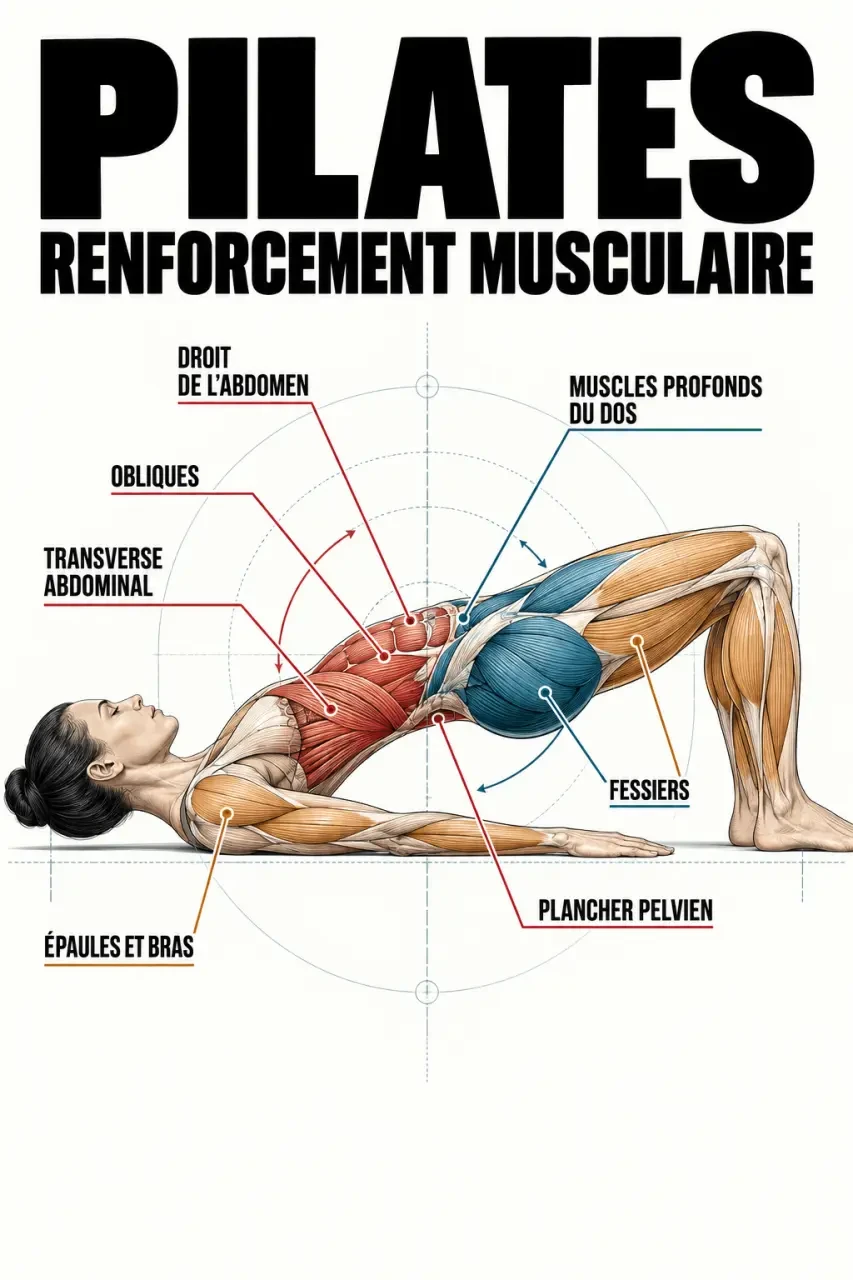 Schéma des muscles sollicités par le Pilates renforcement musculaire, du centre du corps aux fessiers, jambes, épaules et bras
