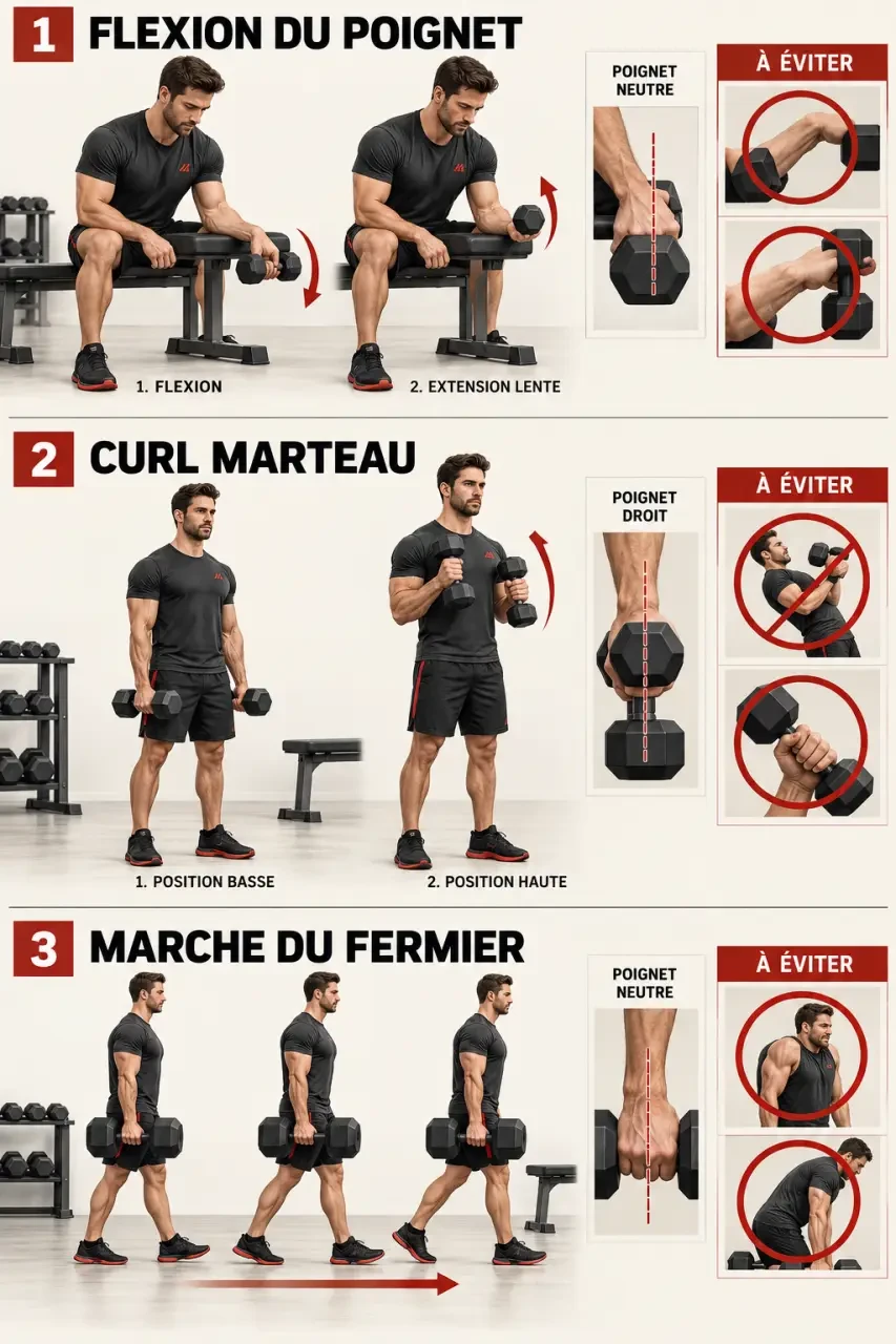 Comment muscler avant bras : illustration des flexions de poignet, du curl marteau et de la marche du fermier