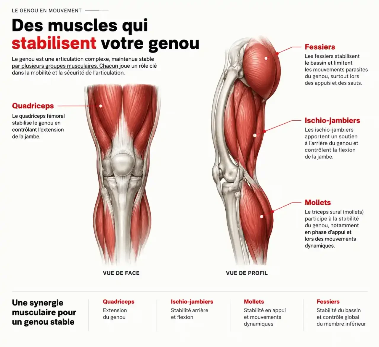 Schéma des muscles du genou sollicités par les exercices : quadriceps, ischio-jambiers, mollets et fessiers