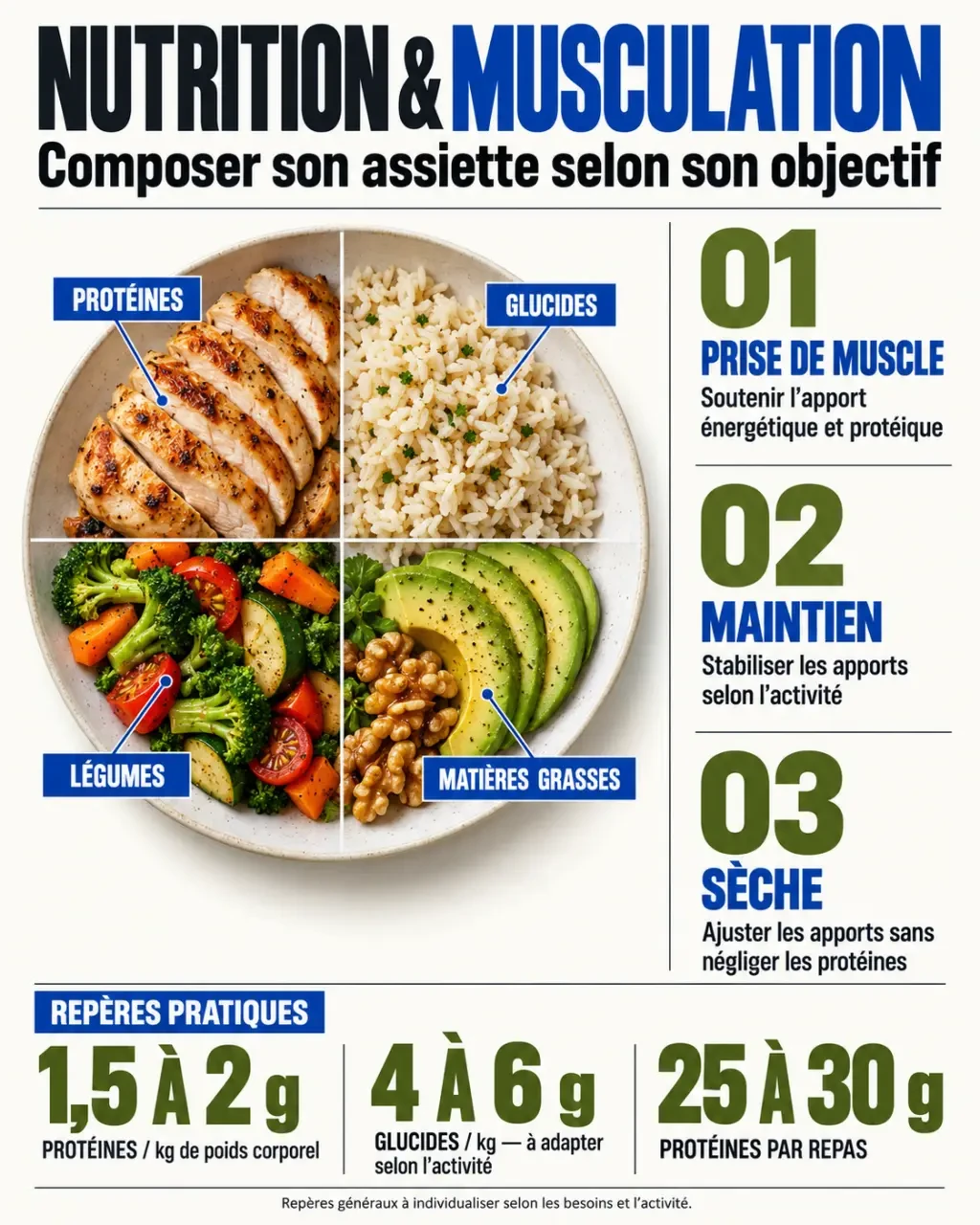 Nutrition pour musculation : repères visuels sur les protéines, glucides et objectifs alimentaires