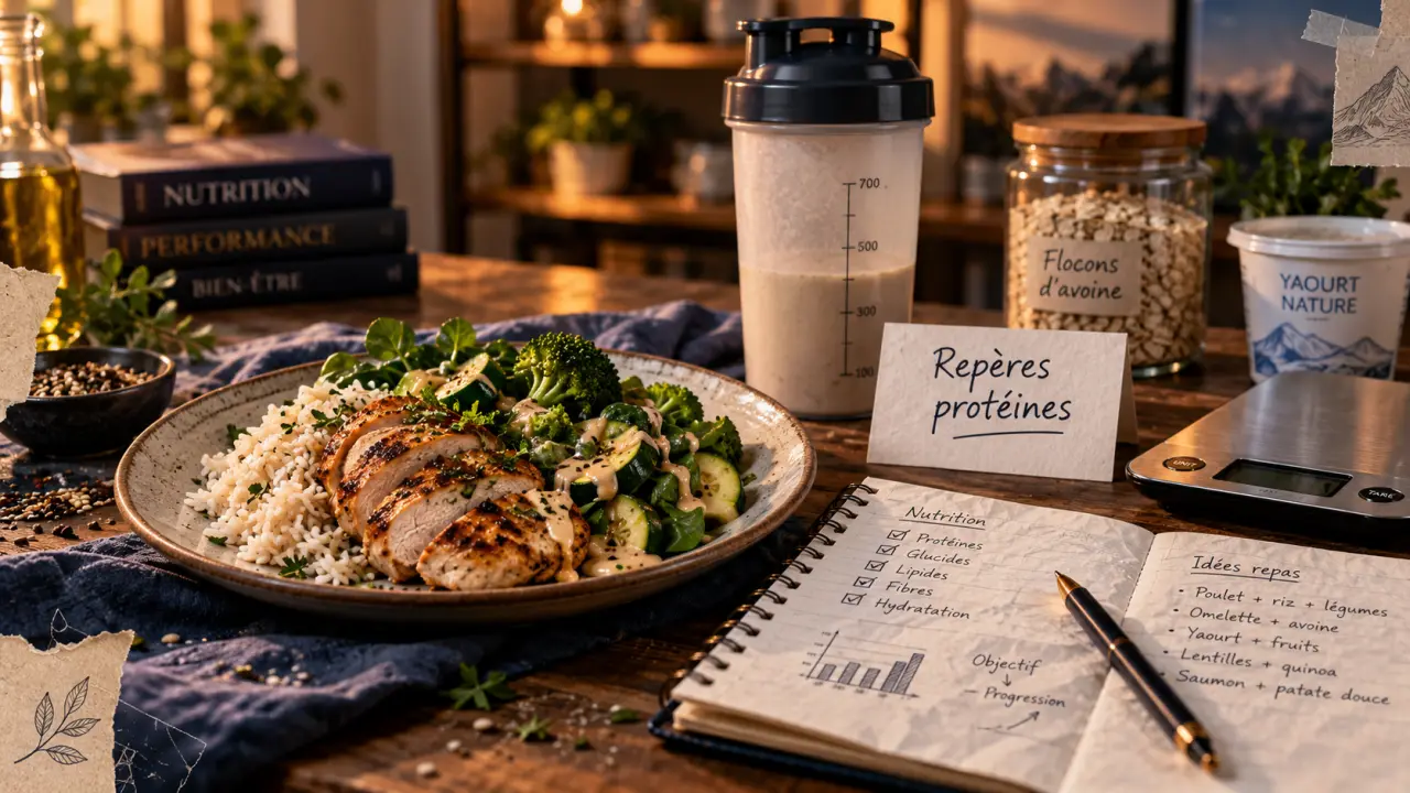 Nutrition pour musculation : assiette protéines et repères de portions