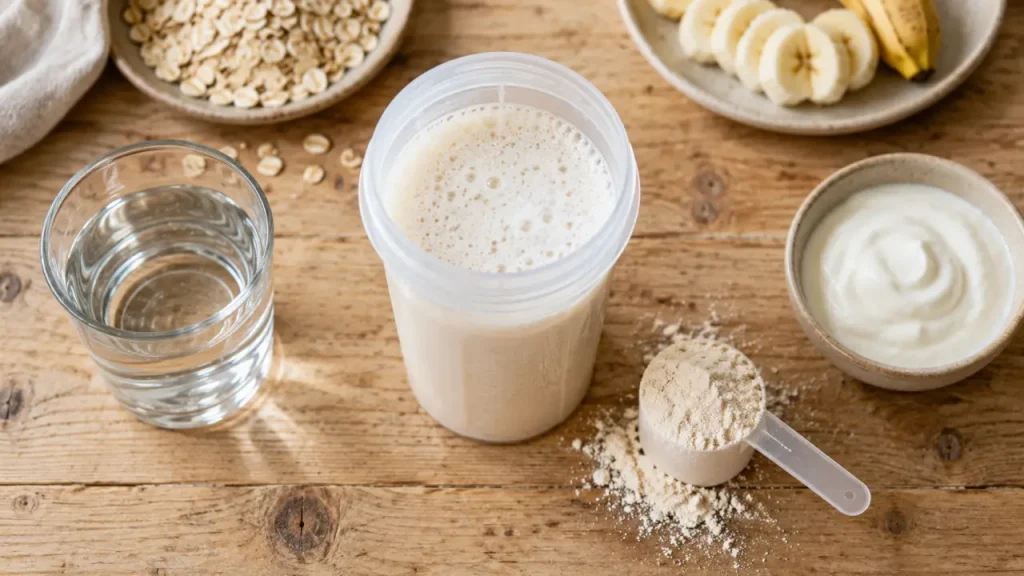 Protéine whey pour maigrir femme avis : shaker de whey et yaourt