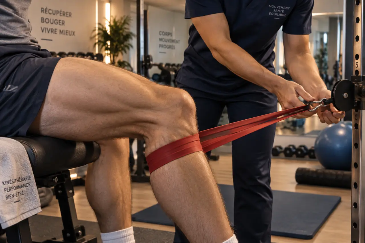 Renforcement musculaire kinésithérapie : exercice élastique guidé par le kiné