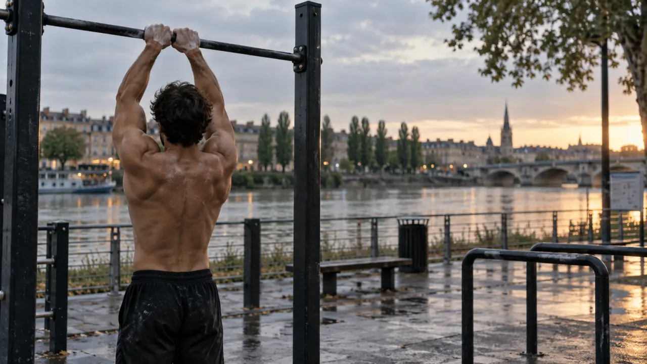 Street workout bordeaux sur les quais : traction à la barre et barres parallèles