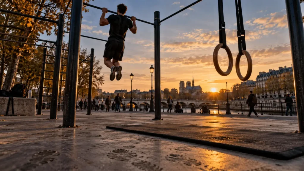 Street workout paris : aire de traction et anneaux sur béton à Paris