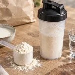 Whey protéine c’est quoi : poudre de lait, shaker, bol de lait