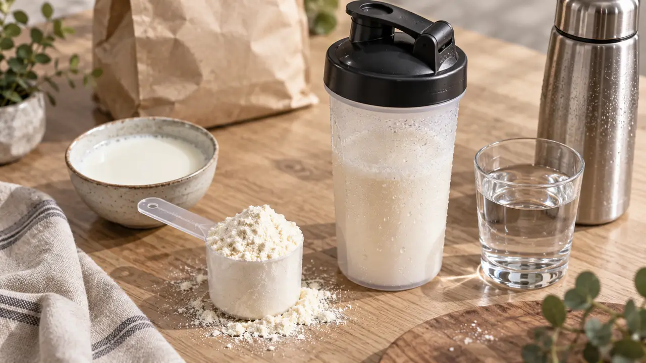 Whey protéine c’est quoi : poudre de lait, shaker, bol de lait